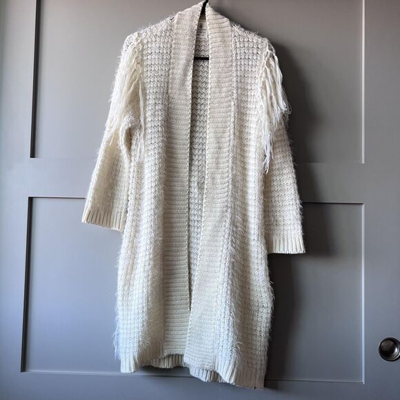 Volcom Sweater Womens XS Small White Fringe Open Front Long Cardigan 80741511 - Picture 1 of 16